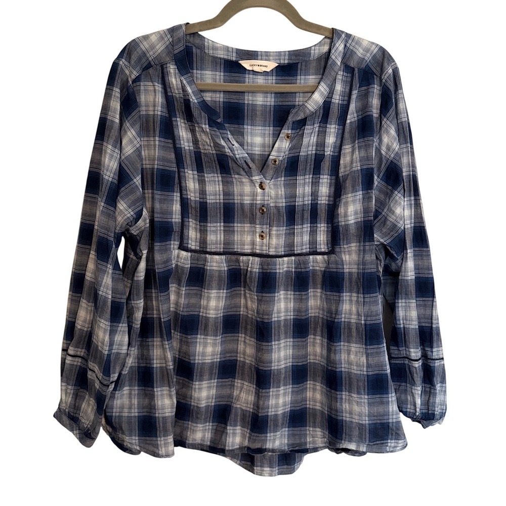 Lucky Brand Blue White Plaid Cotton Tunic Blouse Henley Top XL Fall Preppy